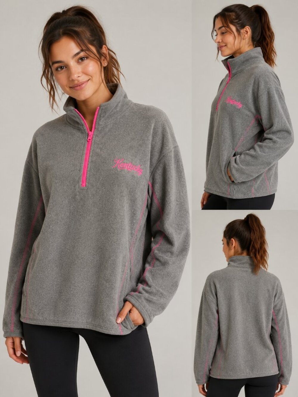 Point Sportswear Kentucky Fleece Pullover Women’s XL Gray Pink 1/4 Zip